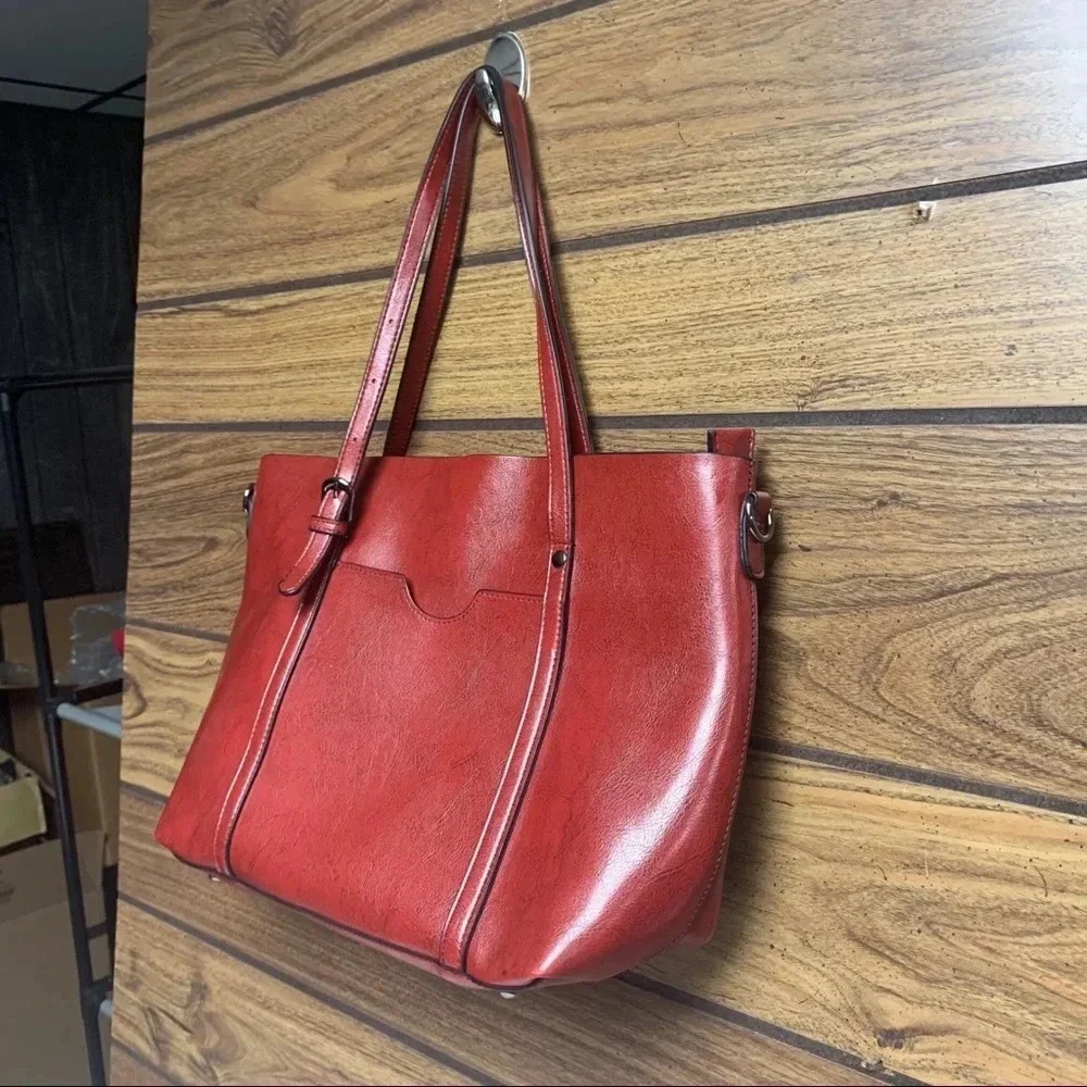 Brick red faux leather purse gray interior